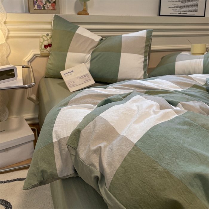 91家纺网 家纺一手货源 找家纺 盛秋家纺 2025新款水洗棉格子系列四件套 绿大格+明灰