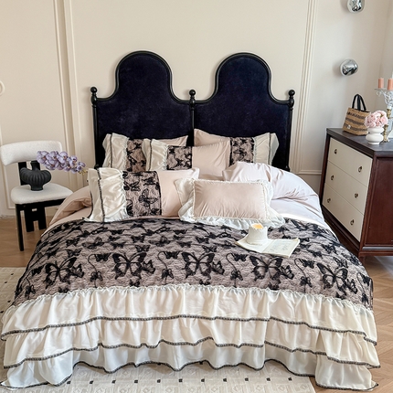 吾欢心 2025新款糯小棉立体绣花雪纺花边四件套-蝴蝶梦 蝴蝶梦-咖