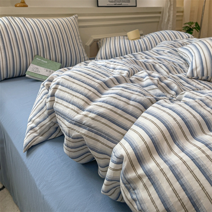 91家纺网 家纺一手货源 找家纺 盛秋家纺 2025新款水洗棉格子系列四件套灰苏条+蓝灰