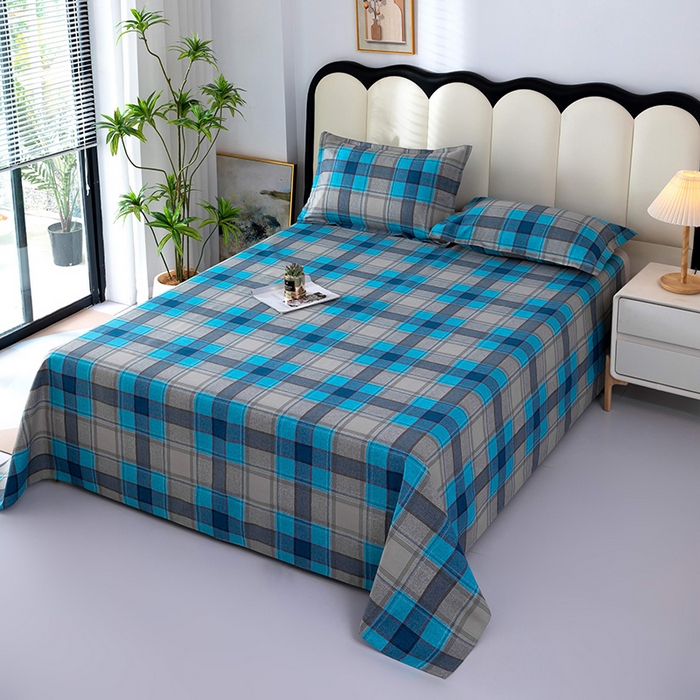 91家纺网 家纺一手货源 找家纺 帛洵2025新款原棉老粗布床单 灰蓝格