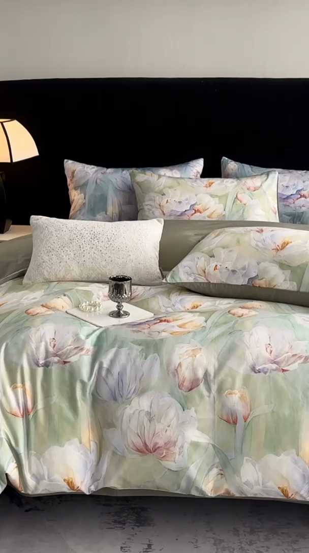 91家纺网 家纺一手货源 找家纺 立奥被业 2025新款60S数码印花四件套四件套 百合绿