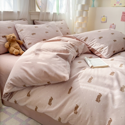 清雅福 2025全棉13372小清新四件套和单被套早春系列第二批--四件套 喵小喵·咖