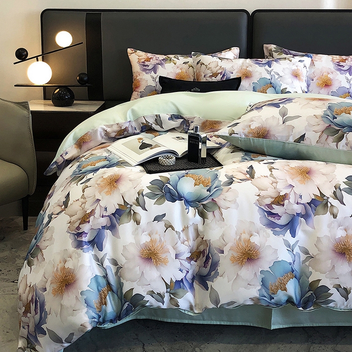 91家纺网 家纺一手货源 找家纺 立奥被业 2025年新款100%兰精天丝四件套天丝数码印花四件套 牡丹绿