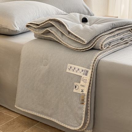 一加一 2025新款A类母婴级全棉双层纱牛奶蛋白夏被四件套 灰细条