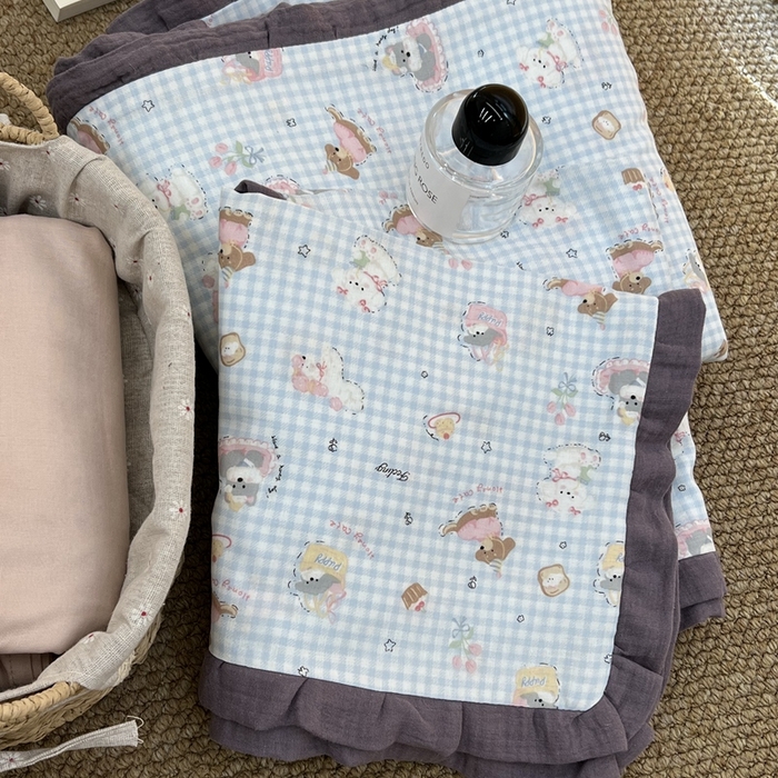 91家纺网 家纺一手货源 找家纺 荣轩 2024新款全棉印花双层纱四件套 皱皱纱花边款 小狗布朗尼