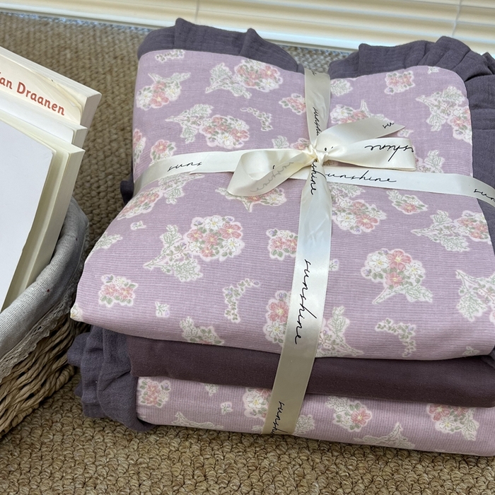 91家纺网 家纺一手货源 找家纺 荣轩 2024新款全棉印花双层纱四件套 皱皱纱花边款 喜乐