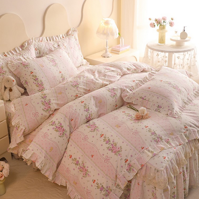 91家纺网 家纺一手货源 找家纺 美达家纺 2025新款全棉印花床裙四件套 少女心结