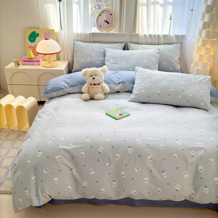 91家纺网 家纺一手货源 找家纺 清雅福 2025全棉13372小清新四件套和单被套早春系列第二批--单枕套 小狗宝莉·蓝