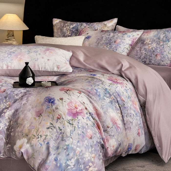 91家纺网 家纺一手货源 找家纺 立奥被业 2025年新款100%兰精天丝四件套天丝数码印花四件套 虞美人-紫