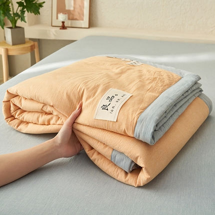 一加一家纺2025新款A类全棉色织水洗棉双拼蚕蛹蛋白夏被四件套 橘灰色