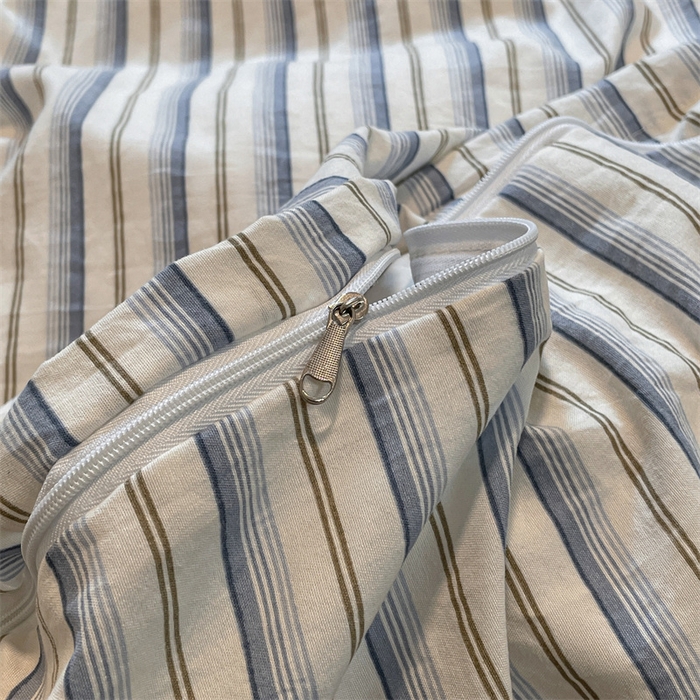 91家纺网 家纺一手货源 找家纺 盛秋家纺 2025新款水洗棉格子系列四件套灰苏条+蓝灰