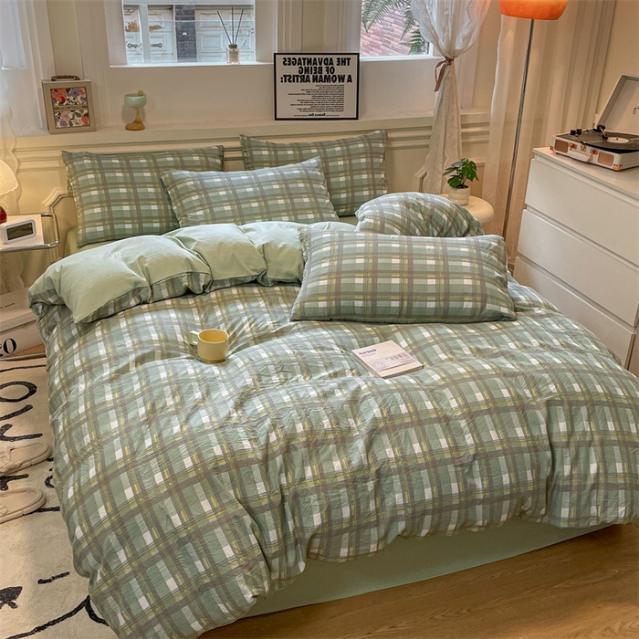 91家纺网 家纺一手货源 找家纺 盛秋家纺 2025新款水洗棉格子系列四件套 伯曼+灰绿