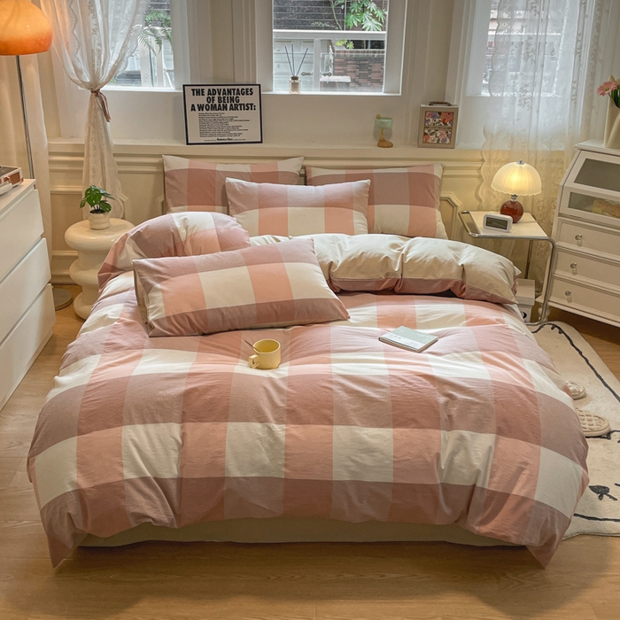 91家纺网 家纺一手货源 找家纺 盛秋家纺 2025新款水洗棉格子系列四件套 咖大格+奶茶