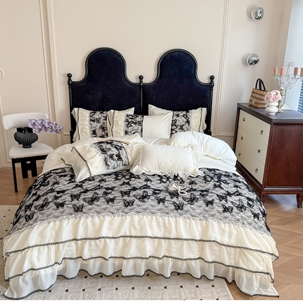 吾欢心 2025新款糯小棉立体绣花雪纺花边四件套-蝴蝶梦 蝴蝶梦-白