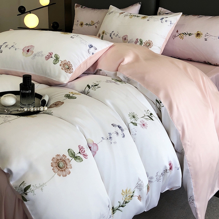 91家纺网 家纺一手货源 找家纺 立奥被业 2025年新款100%兰精天丝四件套天丝数码印花四件套 余梦粉