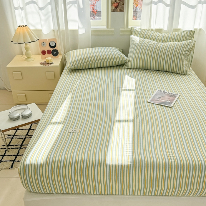 91家纺网 家纺一手货源 找家纺 眠博士2025新款 全棉双层纱 单床笠 双层纱床笠-黄绿条