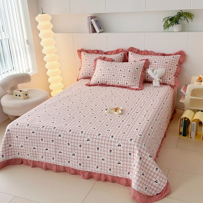 91家纺网 家纺一手货源 找家纺 添越 2024新款纯棉砂洗床盖沁心花语