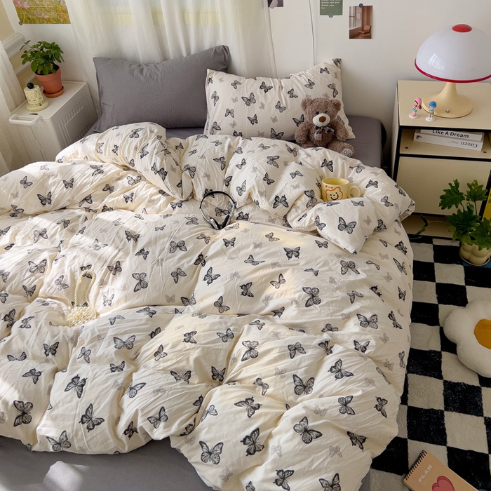 91家纺网 家纺一手货源 找家纺 仟人梦 2025新款水洗棉印花四件套 蝴蝶印记