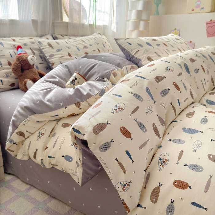 91家纺网 家纺一手货源 找家纺 清雅福 2025全棉13372小清新四件套和单被套早春系列第二批--单枕套 鱼多多