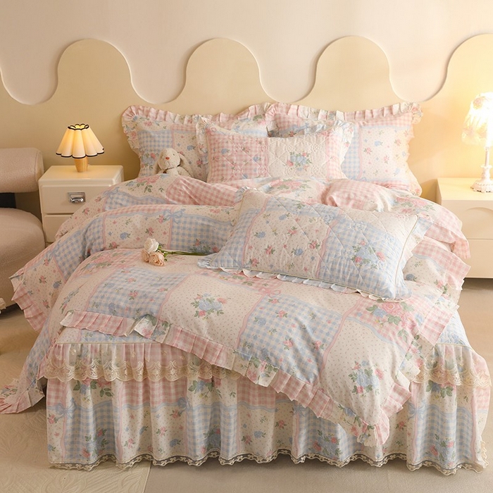 91家纺网 家纺一手货源 找家纺 美达家纺 2025新款全棉印花床裙四件套 悦动心妍