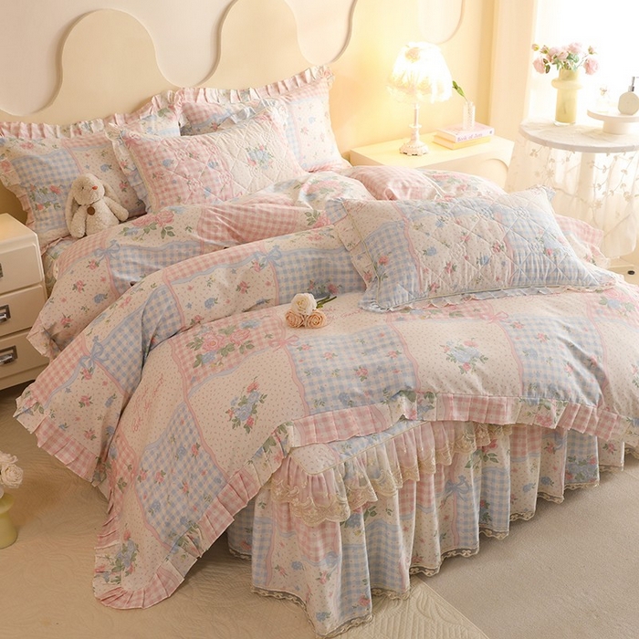 91家纺网 家纺一手货源 找家纺 美达家纺 2025新款全棉印花床裙四件套 悦动心妍