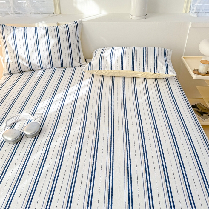 91家纺网 家纺一手货源 找家纺 眠博士2025新款全棉老粗布床笠 老粗布床笠-条纹蓝