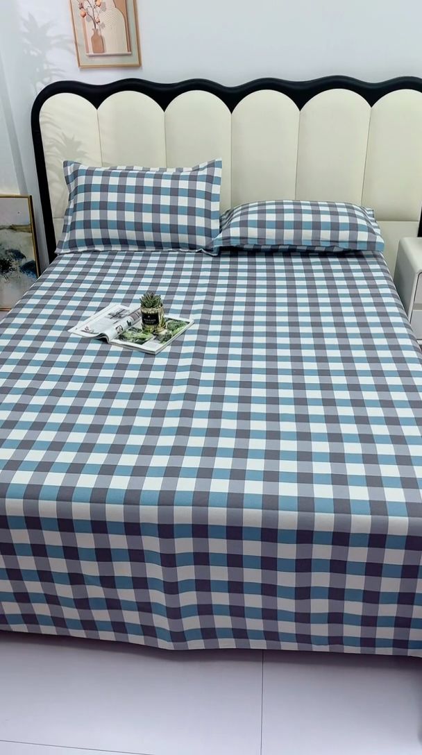 91家纺网 家纺一手货源 找家纺 帛洵2025新款原棉老粗布床单 灰蓝格子