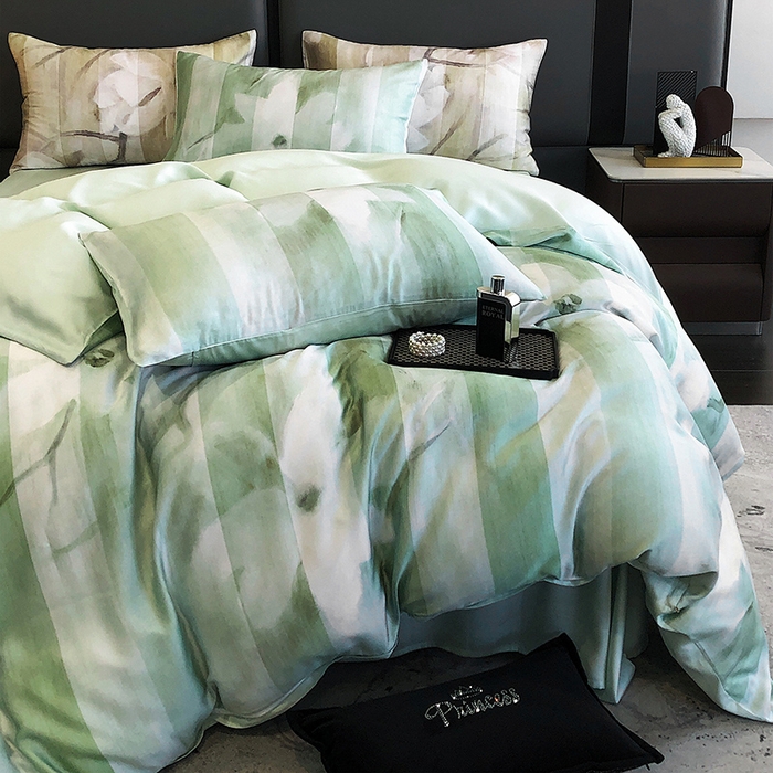 91家纺网 家纺一手货源 找家纺 立奥被业 2025年新款100%兰精天丝四件套天丝数码印花四件套 雨荷绿