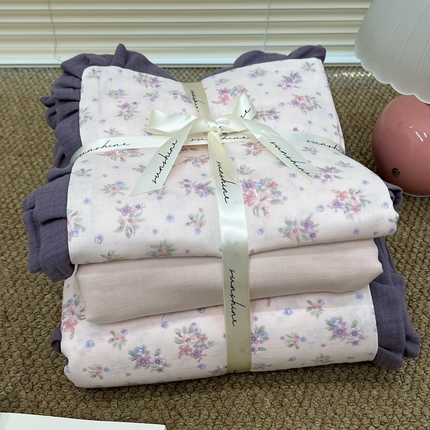 荣轩 2024新款全棉印花双层纱四件套 皱皱纱花边款 一枝花芽-粉