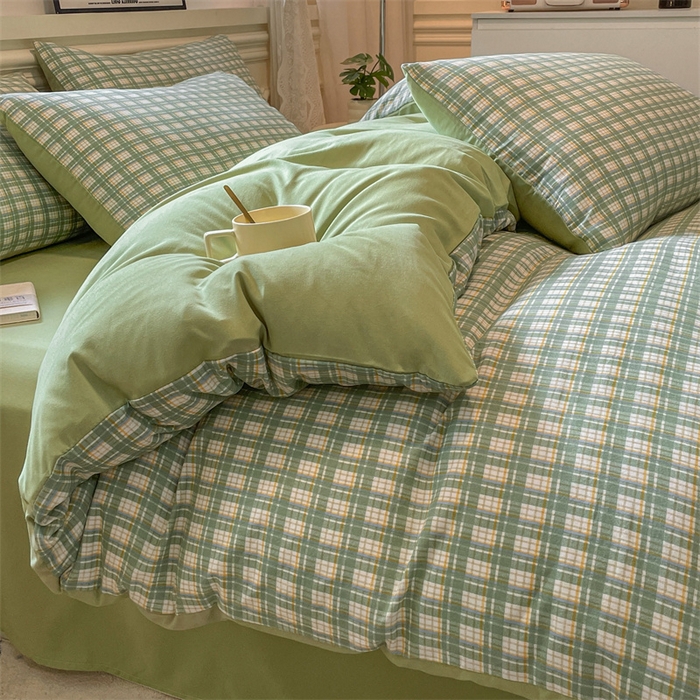 91家纺网 家纺一手货源 找家纺 盛秋家纺 2025新款水洗棉格子系列四件套 抹茶+果绿
