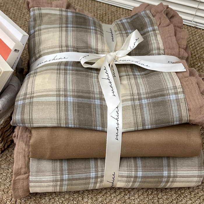 91家纺网 家纺一手货源 找家纺 荣轩 2024新款全棉印花双层纱四件套 皱皱纱花边款 云川寄禾