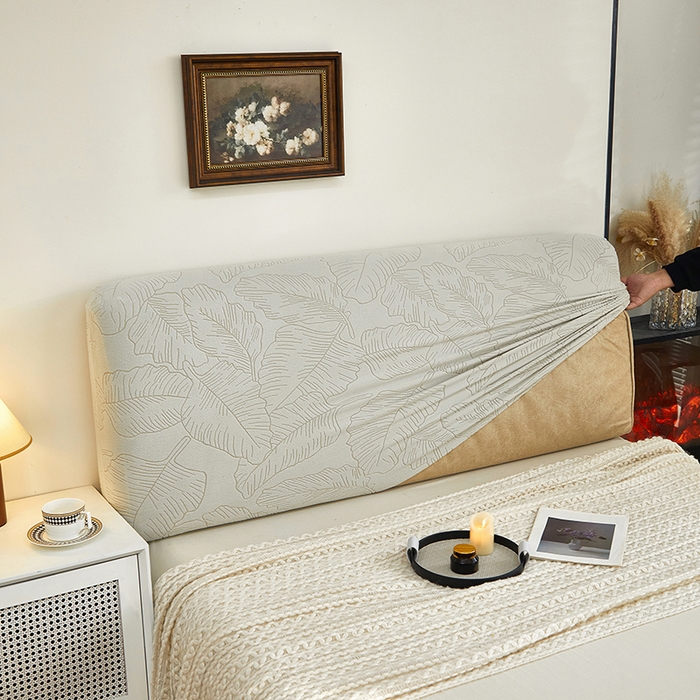 91家纺网 家纺一手货源 找家纺 逐日沙发套 2025新款提花绒床头罩-叶沙 浅灰