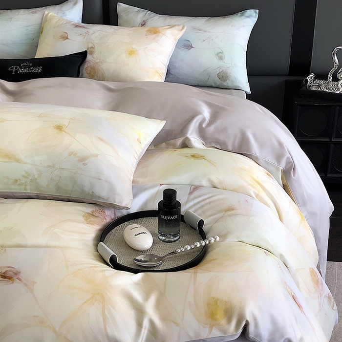 91家纺网 家纺一手货源 找家纺 立奥被业 2025年新款100%兰精天丝四件套天丝数码印花四件套 水仙灰