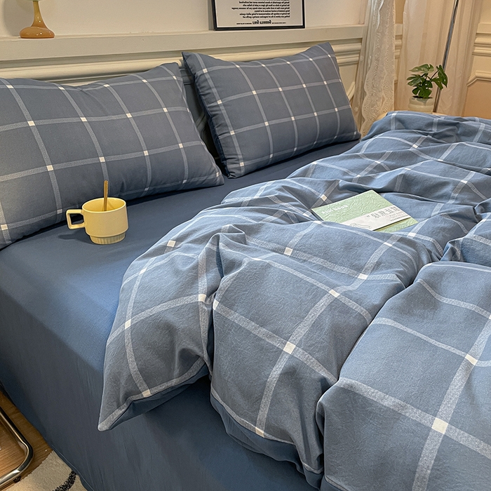 91家纺网 家纺一手货源 找家纺 盛秋家纺 2025新款水洗棉格子系列四件套 灰大格+蓝灰