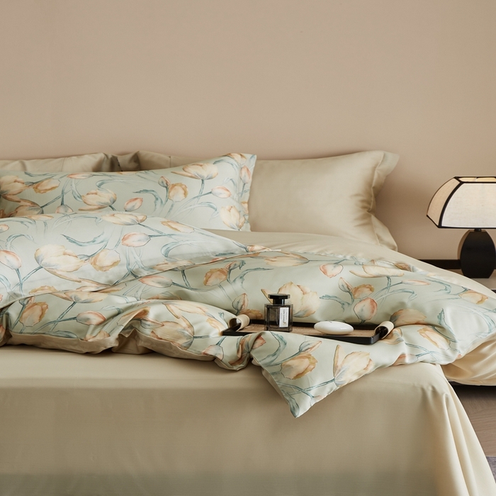 91家纺网 家纺一手货源 找家纺 顾家家居 2025新款莱塞尔数码印花四件套 林间蜜杏