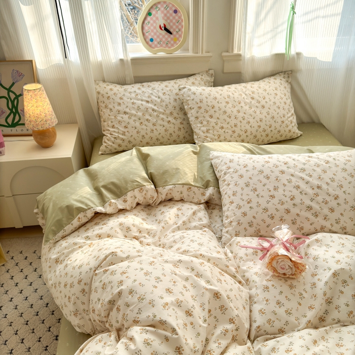 91家纺网 家纺一手货源 找家纺 清雅福 2025全棉13372小清新四件套和单被套早春系列第二批--四件套 秋雨花恋