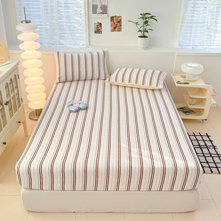 眠博士2025新款全棉老粗布床笠 老粗布床笠-条纹咖