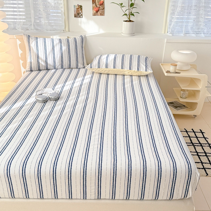 91家纺网 家纺一手货源 找家纺 眠博士2025新款全棉老粗布床笠 老粗布床笠-条纹蓝