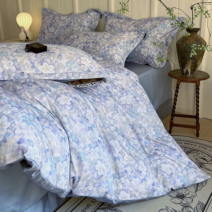 91家纺网 家纺一手货源 找家纺 梧桐树 2025新款100%全棉60S长绒棉套件 S24花雅蓝