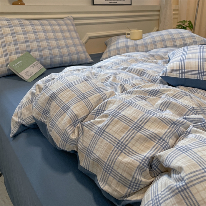 91家纺网 家纺一手货源 找家纺 盛秋家纺 2025新款水洗棉格子系列四件套 博克+蓝灰