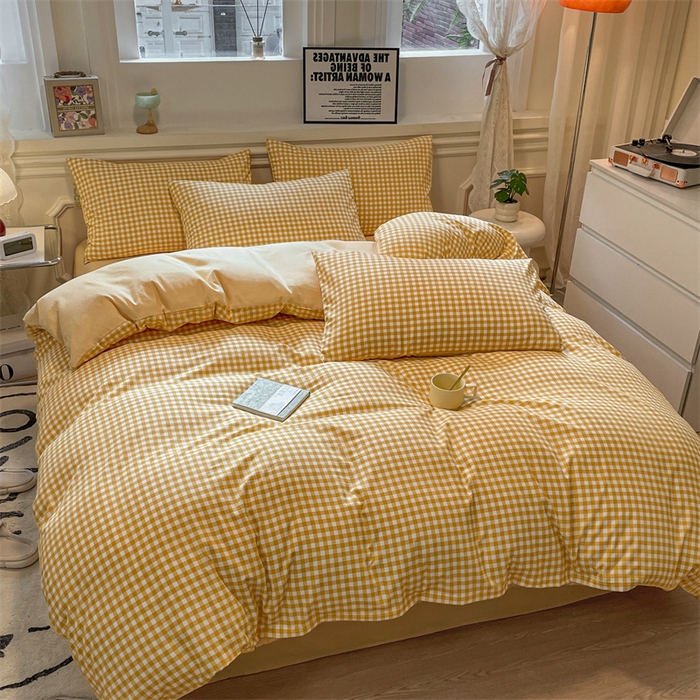 91家纺网 家纺一手货源 找家纺 盛秋家纺 2025新款水洗棉格子系列四件套 黄小格+云初黄