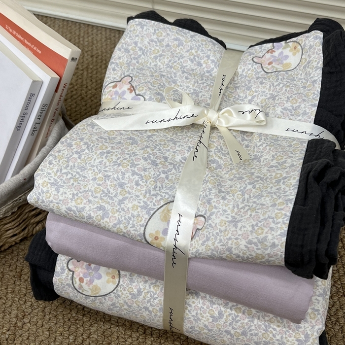 91家纺网 家纺一手货源 找家纺 荣轩 2024新款全棉印花双层纱四件套 皱皱纱花边款 曲奇绵绵