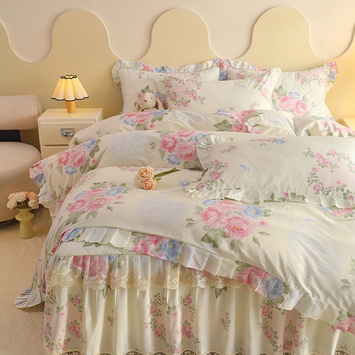 91家纺网 家纺一手货源 找家纺 美达家纺 2025新款全棉印花床裙四件套 法尔曼玫瑰