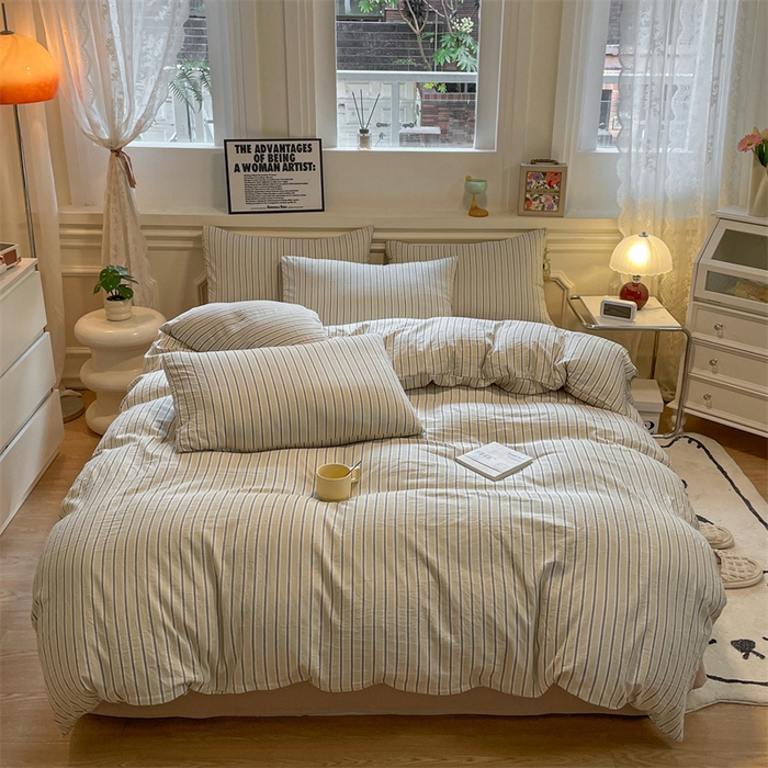 91家纺网 家纺一手货源 找家纺 盛秋家纺 2025新款水洗棉格子系列四件套泡芙黄+奶茶