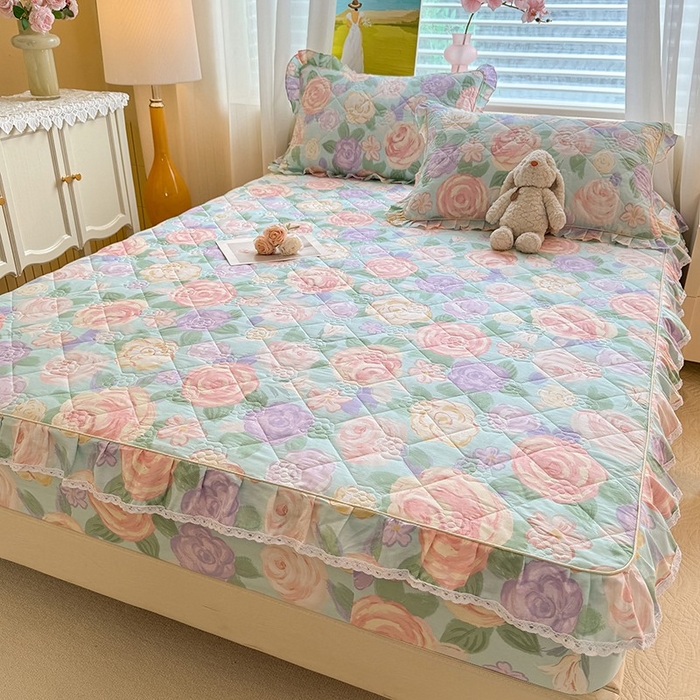 91家纺网 家纺一手货源 找家纺 美达家纺 2025新款全棉印花夹棉床笠 花幽兰-绿