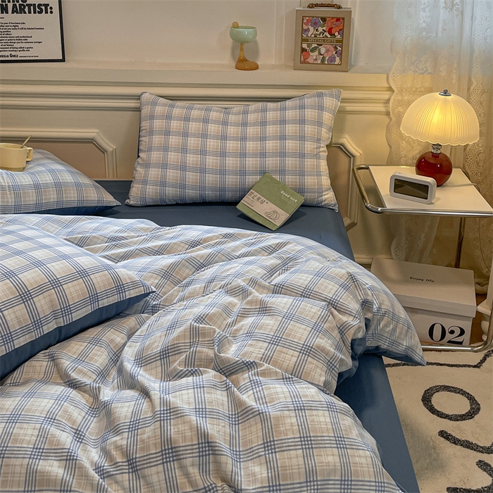 91家纺网 家纺一手货源 找家纺 盛秋家纺 2025新款水洗棉格子系列四件套 博克+蓝灰