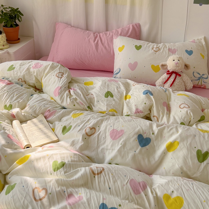 91家纺网 家纺一手货源 找家纺 仟人梦 2025新款水洗棉印花四件套 爱心波波