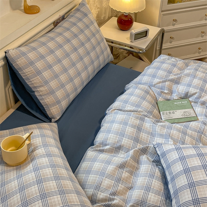 91家纺网 家纺一手货源 找家纺 盛秋家纺 2025新款水洗棉格子系列四件套 博克+蓝灰