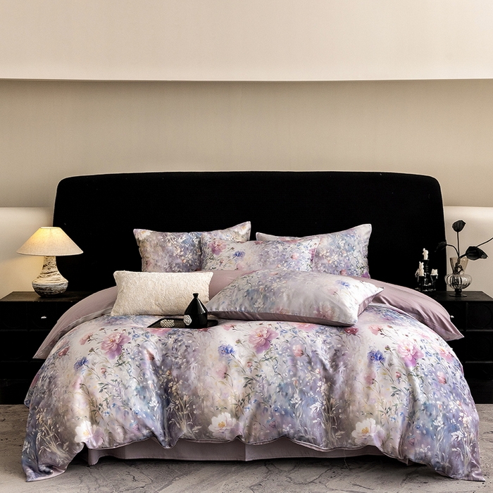 91家纺网 家纺一手货源 找家纺 立奥被业 2025年新款100%兰精天丝四件套天丝数码印花四件套 虞美人-紫