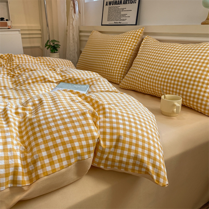 91家纺网 家纺一手货源 找家纺 盛秋家纺 2025新款水洗棉格子系列四件套 黄小格+云初黄